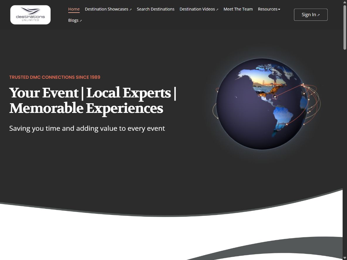 Saved public-site preview of the destinations UNLIMITED homepage, with navigation, an introduction for event planners and a globe showing international connections.